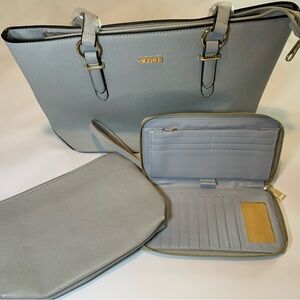 Qiyuer Gray Purse/Tote set 3 piece with gold zips and accents. New without tags